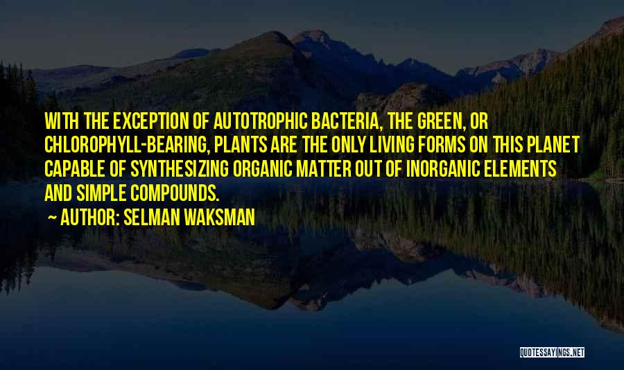 Selman Waksman Quotes: With The Exception Of Autotrophic Bacteria, The Green, Or Chlorophyll-bearing, Plants Are The Only Living Forms On This Planet Capable