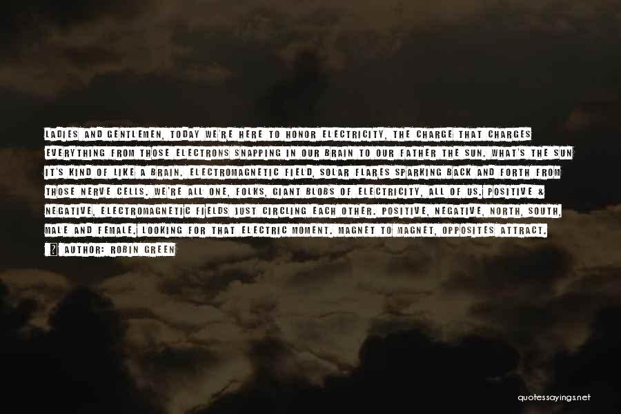 Robin Green Quotes: Ladies And Gentlemen, Today We're Here To Honor Electricity, The Charge That Charges Everything From Those Electrons Snapping In Our