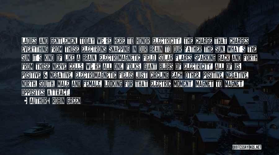 Robin Green Quotes: Ladies And Gentlemen, Today We're Here To Honor Electricity, The Charge That Charges Everything From Those Electrons Snapping In Our
