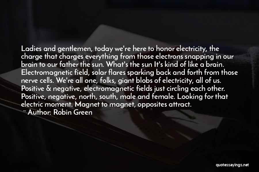 Robin Green Quotes: Ladies And Gentlemen, Today We're Here To Honor Electricity, The Charge That Charges Everything From Those Electrons Snapping In Our