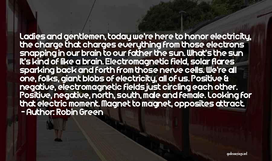 Robin Green Quotes: Ladies And Gentlemen, Today We're Here To Honor Electricity, The Charge That Charges Everything From Those Electrons Snapping In Our