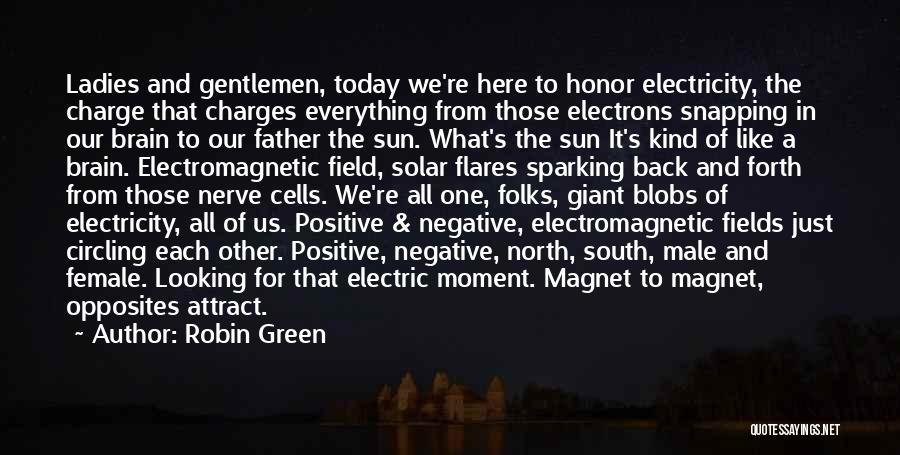 Robin Green Quotes: Ladies And Gentlemen, Today We're Here To Honor Electricity, The Charge That Charges Everything From Those Electrons Snapping In Our