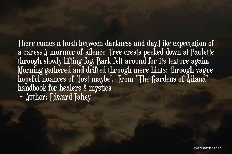 Edward Fahey Quotes: There Comes A Hush Between Darkness And Day.like Expectation Of A Caress.a Murmur Of Silence. Tree Crests Peeked Down At