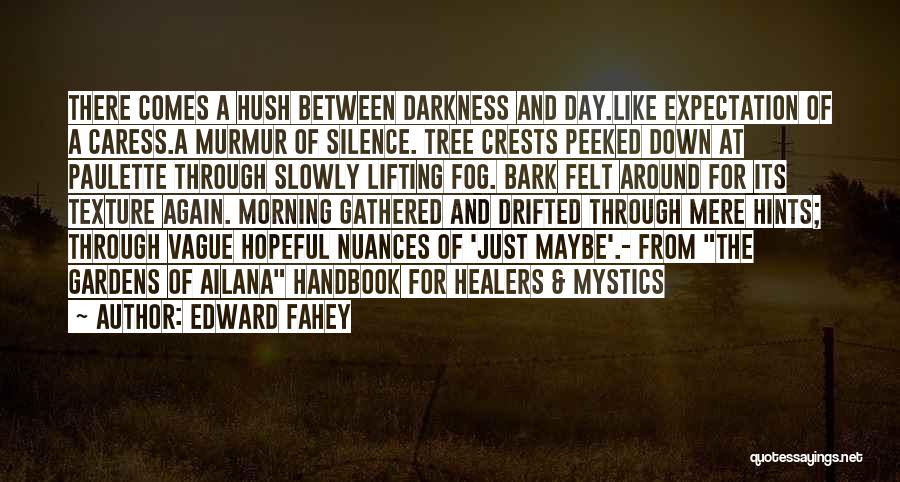 Edward Fahey Quotes: There Comes A Hush Between Darkness And Day.like Expectation Of A Caress.a Murmur Of Silence. Tree Crests Peeked Down At