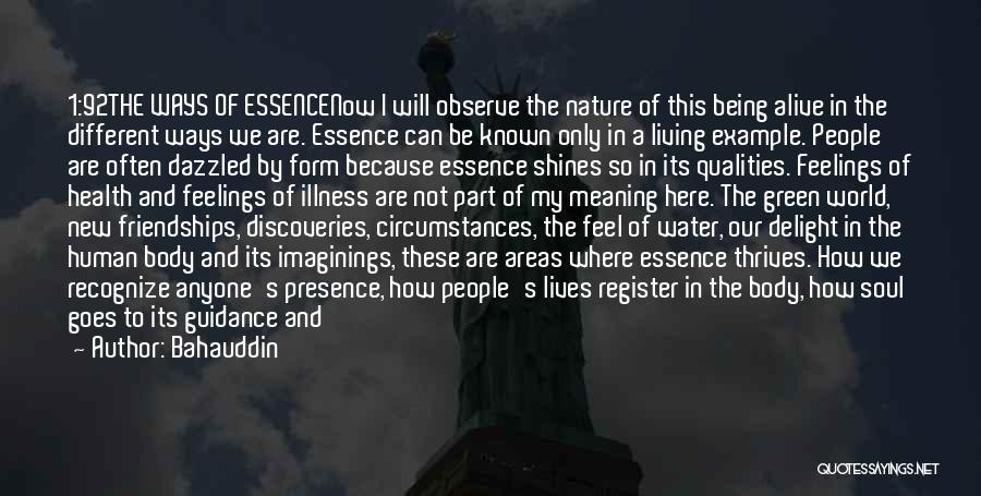 Bahauddin Quotes: 1:92the Ways Of Essencenow I Will Observe The Nature Of This Being Alive In The Different Ways We Are. Essence