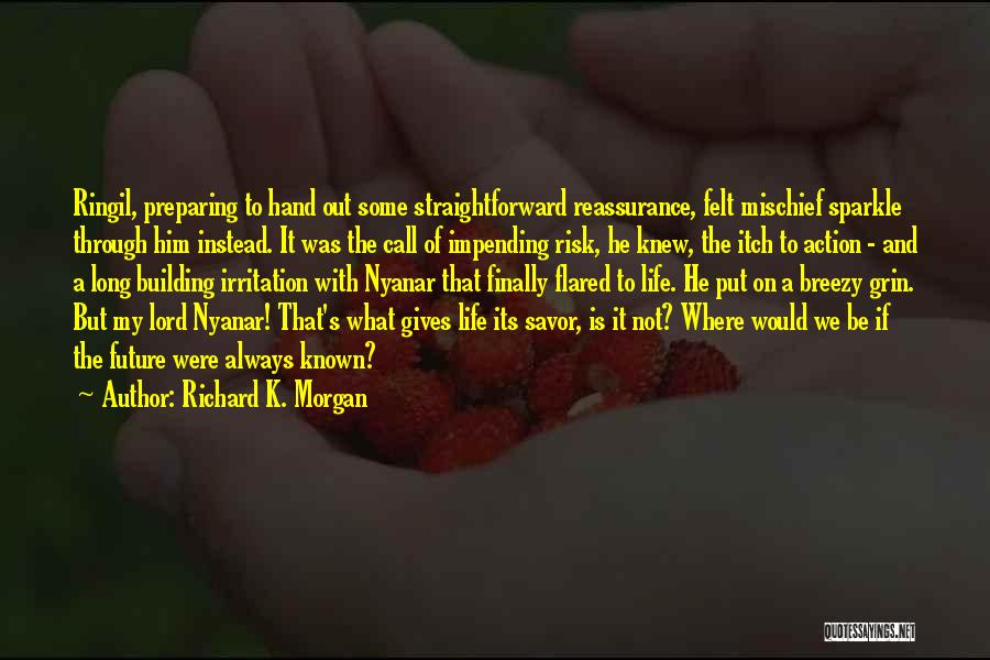 Richard K. Morgan Quotes: Ringil, Preparing To Hand Out Some Straightforward Reassurance, Felt Mischief Sparkle Through Him Instead. It Was The Call Of Impending