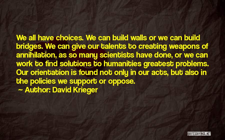 David Krieger Quotes: We All Have Choices. We Can Build Walls Or We Can Build Bridges. We Can Give Our Talents To Creating