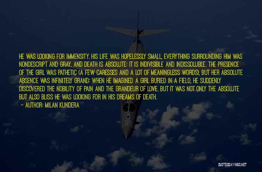 Milan Kundera Quotes: He Was Looking For Immensity. His Life Was Hopelessly Small, Everything Surrounding Him Was Nondescript And Gray. And Death Is