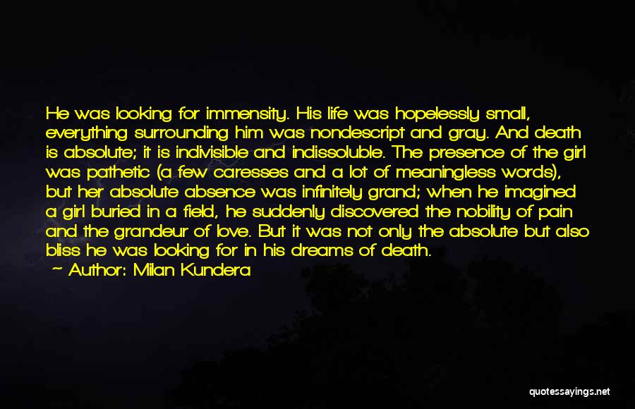 Milan Kundera Quotes: He Was Looking For Immensity. His Life Was Hopelessly Small, Everything Surrounding Him Was Nondescript And Gray. And Death Is