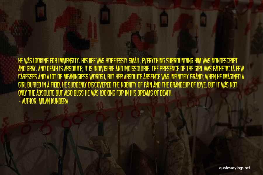 Milan Kundera Quotes: He Was Looking For Immensity. His Life Was Hopelessly Small, Everything Surrounding Him Was Nondescript And Gray. And Death Is