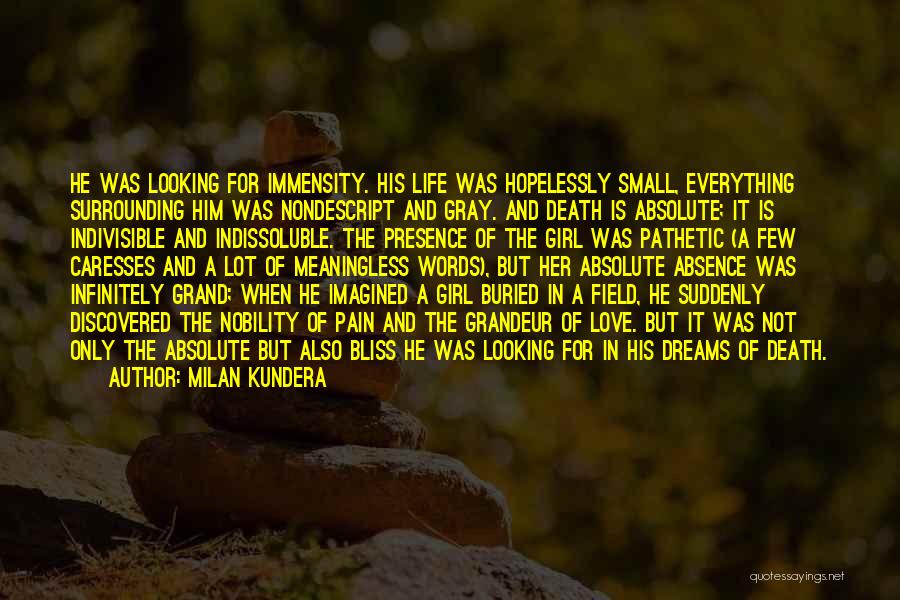 Milan Kundera Quotes: He Was Looking For Immensity. His Life Was Hopelessly Small, Everything Surrounding Him Was Nondescript And Gray. And Death Is