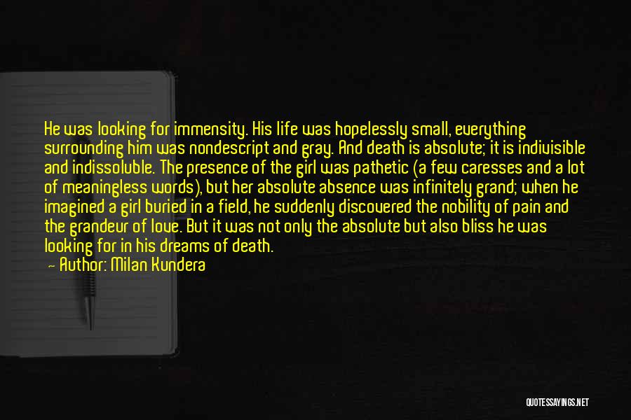 Milan Kundera Quotes: He Was Looking For Immensity. His Life Was Hopelessly Small, Everything Surrounding Him Was Nondescript And Gray. And Death Is