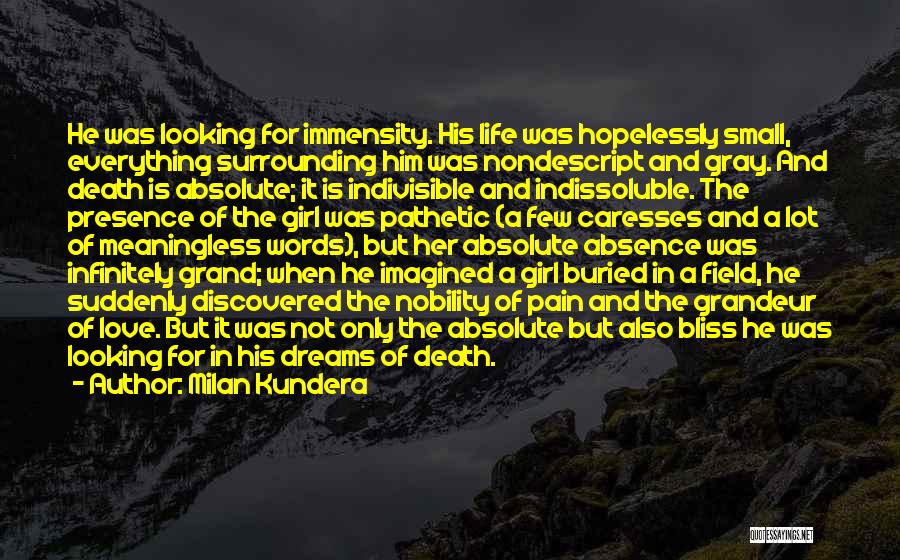 Milan Kundera Quotes: He Was Looking For Immensity. His Life Was Hopelessly Small, Everything Surrounding Him Was Nondescript And Gray. And Death Is