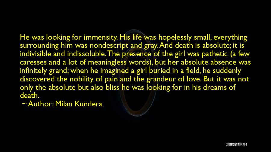 Milan Kundera Quotes: He Was Looking For Immensity. His Life Was Hopelessly Small, Everything Surrounding Him Was Nondescript And Gray. And Death Is