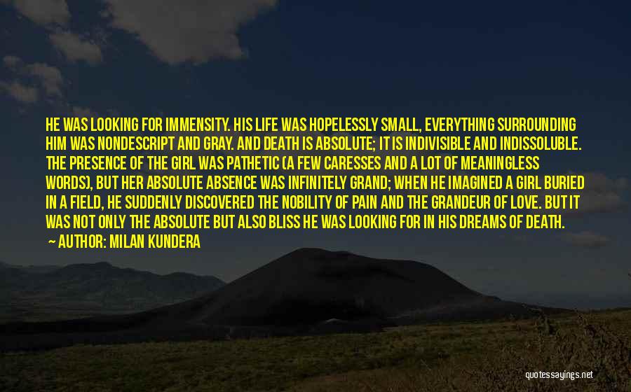 Milan Kundera Quotes: He Was Looking For Immensity. His Life Was Hopelessly Small, Everything Surrounding Him Was Nondescript And Gray. And Death Is