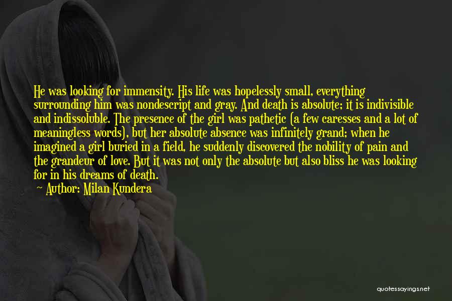 Milan Kundera Quotes: He Was Looking For Immensity. His Life Was Hopelessly Small, Everything Surrounding Him Was Nondescript And Gray. And Death Is