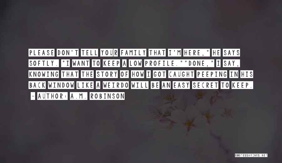 A.M. Robinson Quotes: Please Don't Tell Your Family That I'm Here, He Says Softly. I Want To Keep A Low Profile.done, I Say,