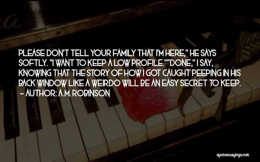 A.M. Robinson Quotes: Please Don't Tell Your Family That I'm Here, He Says Softly. I Want To Keep A Low Profile.done, I Say,