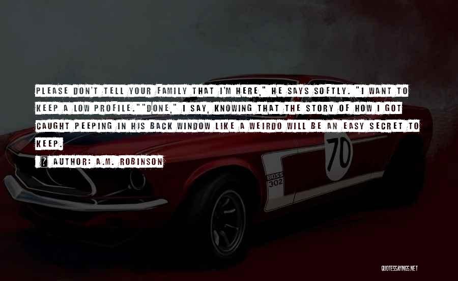 A.M. Robinson Quotes: Please Don't Tell Your Family That I'm Here, He Says Softly. I Want To Keep A Low Profile.done, I Say,