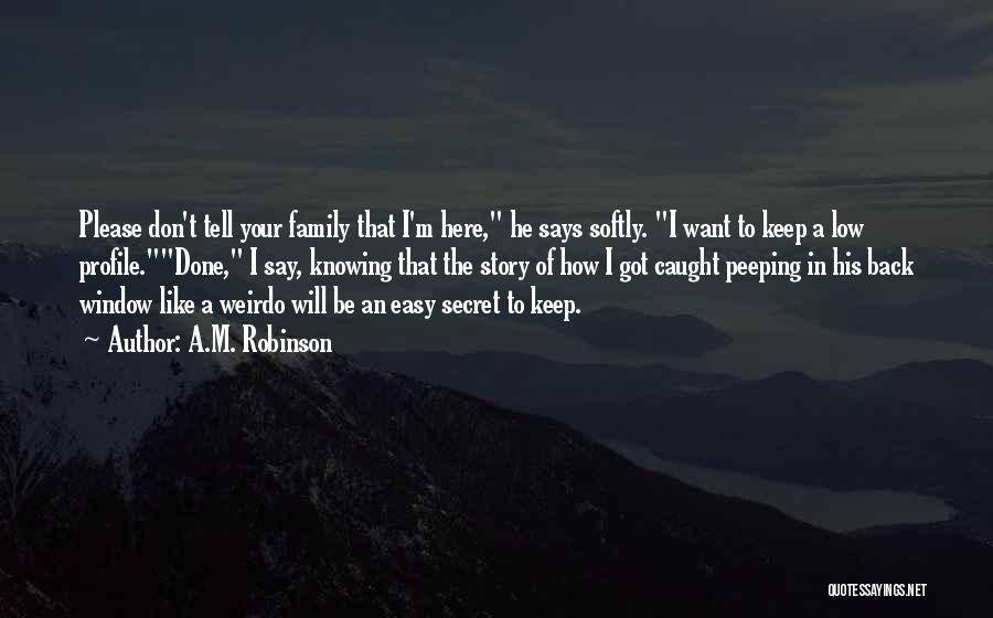 A.M. Robinson Quotes: Please Don't Tell Your Family That I'm Here, He Says Softly. I Want To Keep A Low Profile.done, I Say,