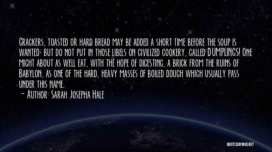 Sarah Josepha Hale Quotes: Crackers, Toasted Or Hard Bread May Be Added A Short Time Before The Soup Is Wanted; But Do Not Put