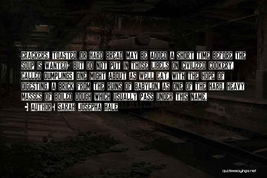 Sarah Josepha Hale Quotes: Crackers, Toasted Or Hard Bread May Be Added A Short Time Before The Soup Is Wanted; But Do Not Put