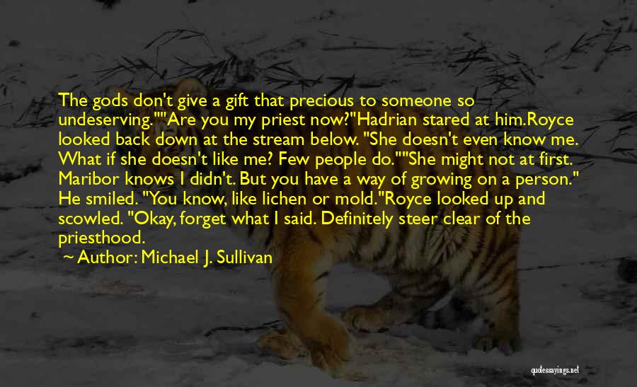 Michael J. Sullivan Quotes: The Gods Don't Give A Gift That Precious To Someone So Undeserving.are You My Priest Now?hadrian Stared At Him.royce Looked