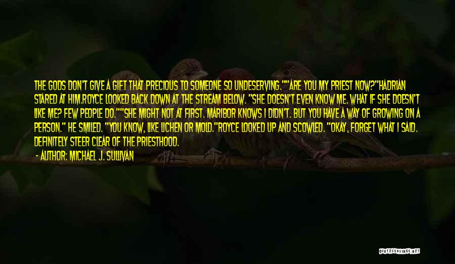 Michael J. Sullivan Quotes: The Gods Don't Give A Gift That Precious To Someone So Undeserving.are You My Priest Now?hadrian Stared At Him.royce Looked