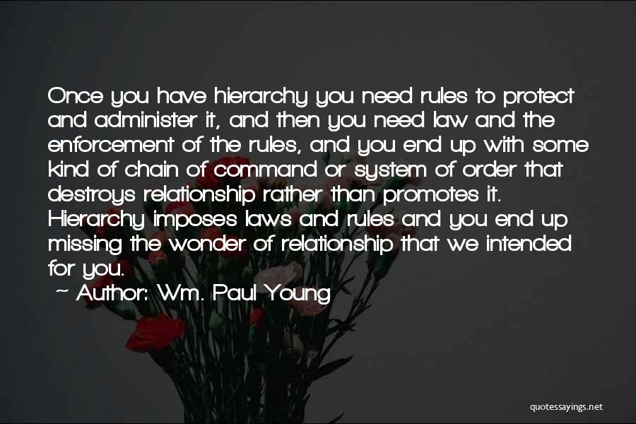 Wm. Paul Young Quotes: Once You Have Hierarchy You Need Rules To Protect And Administer It, And Then You Need Law And The Enforcement