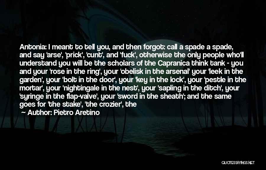 Pietro Aretino Quotes: Antonia: I Meant To Tell You, And Then Forgot: Call A Spade A Spade, And Say 'arse', 'prick', 'cunt', And