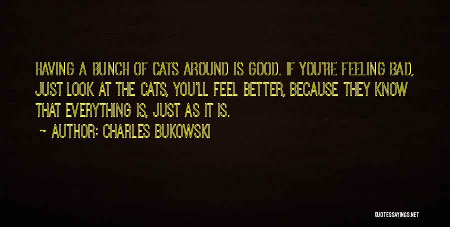 Charles Bukowski Quotes: Having A Bunch Of Cats Around Is Good. If You're Feeling Bad, Just Look At The Cats, You'll Feel Better,