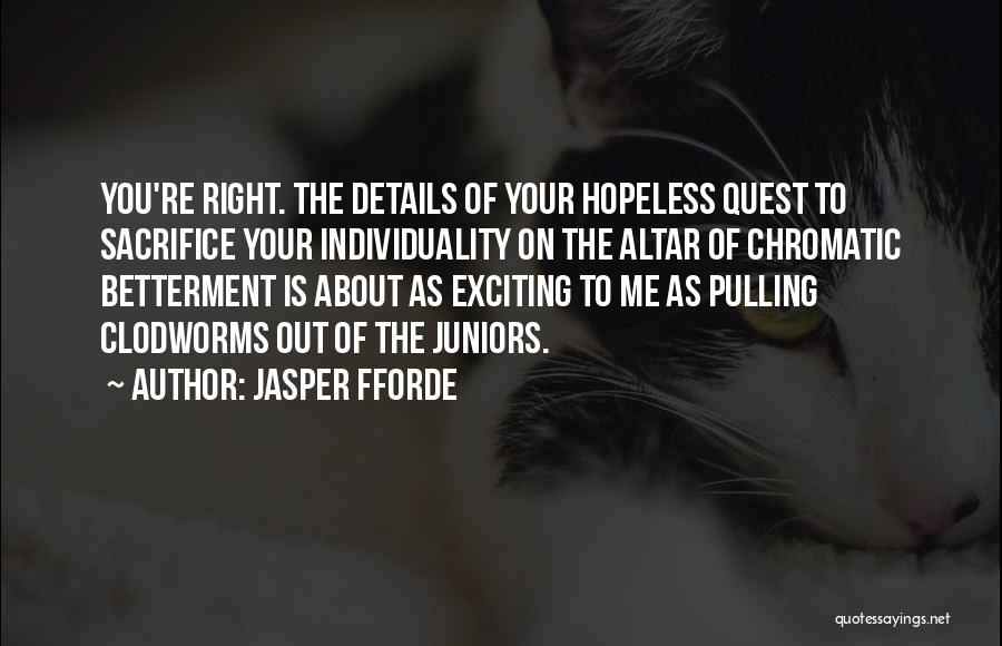 Jasper Fforde Quotes: You're Right. The Details Of Your Hopeless Quest To Sacrifice Your Individuality On The Altar Of Chromatic Betterment Is About