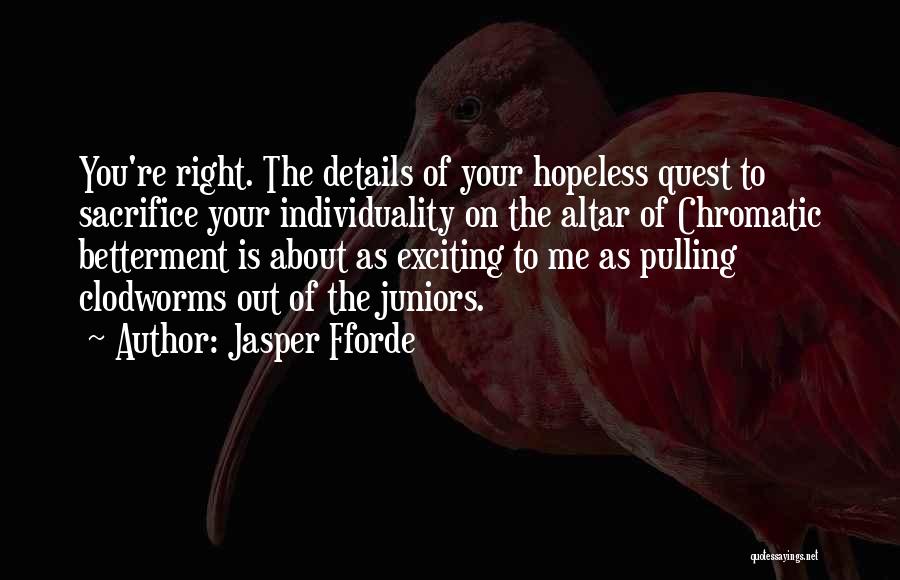 Jasper Fforde Quotes: You're Right. The Details Of Your Hopeless Quest To Sacrifice Your Individuality On The Altar Of Chromatic Betterment Is About