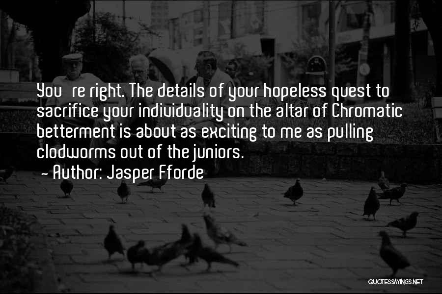 Jasper Fforde Quotes: You're Right. The Details Of Your Hopeless Quest To Sacrifice Your Individuality On The Altar Of Chromatic Betterment Is About