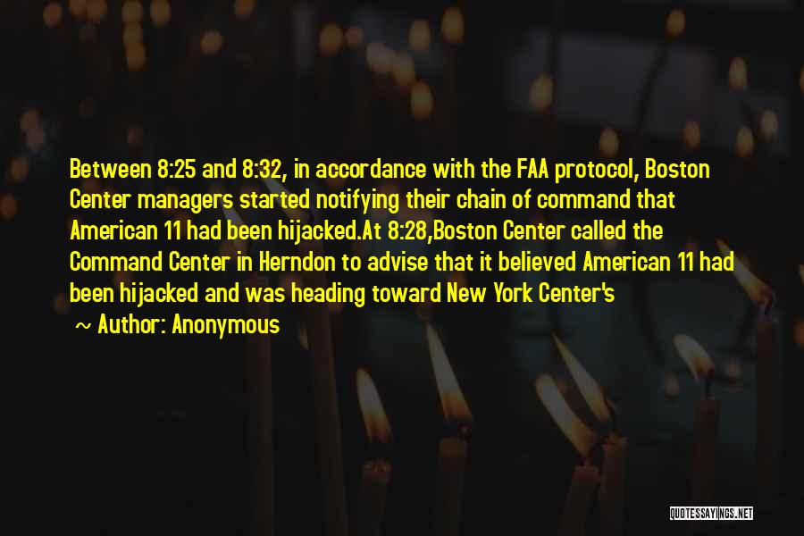 Anonymous Quotes: Between 8:25 And 8:32, In Accordance With The Faa Protocol, Boston Center Managers Started Notifying Their Chain Of Command That