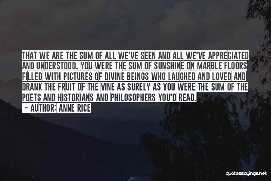 Anne Rice Quotes: That We Are The Sum Of All We've Seen And All We've Appreciated And Understood. You Were The Sum Of