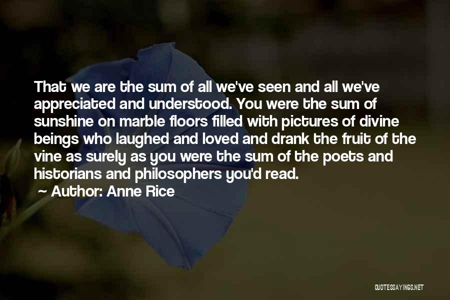 Anne Rice Quotes: That We Are The Sum Of All We've Seen And All We've Appreciated And Understood. You Were The Sum Of