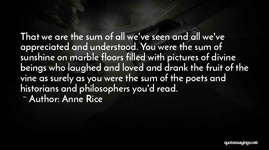 Anne Rice Quotes: That We Are The Sum Of All We've Seen And All We've Appreciated And Understood. You Were The Sum Of