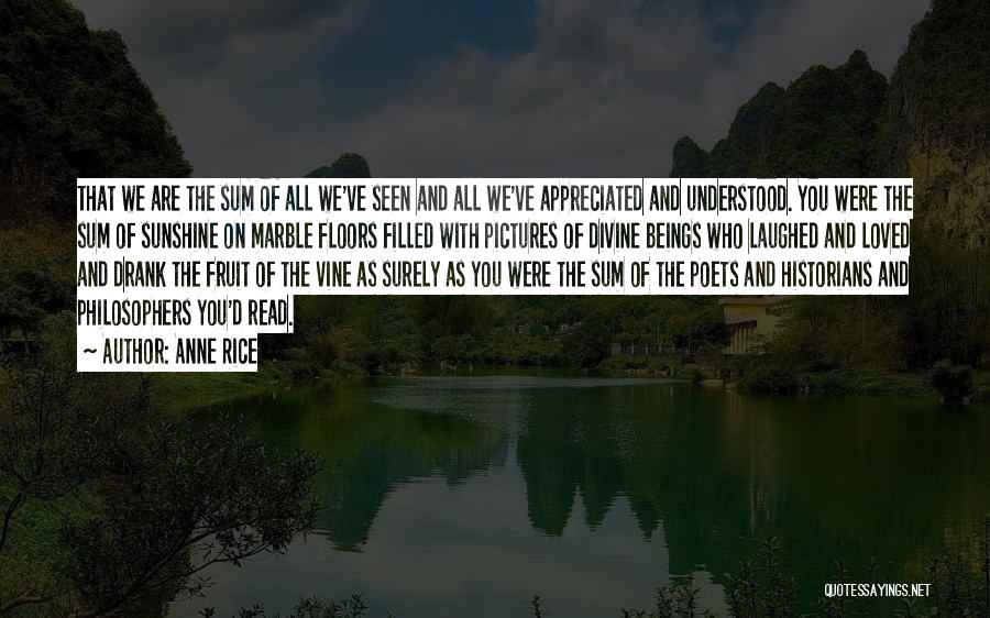 Anne Rice Quotes: That We Are The Sum Of All We've Seen And All We've Appreciated And Understood. You Were The Sum Of