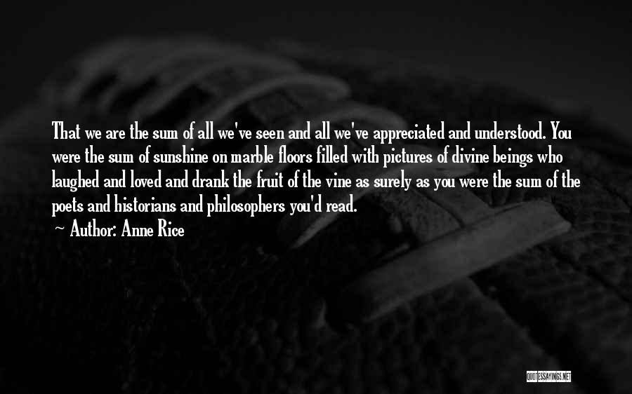 Anne Rice Quotes: That We Are The Sum Of All We've Seen And All We've Appreciated And Understood. You Were The Sum Of