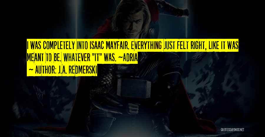 J.A. Redmerski Quotes: I Was Completely Into Isaac Mayfair. Everything Just Felt Right, Like It Was Meant To Be. Whatever It Was. ~adria