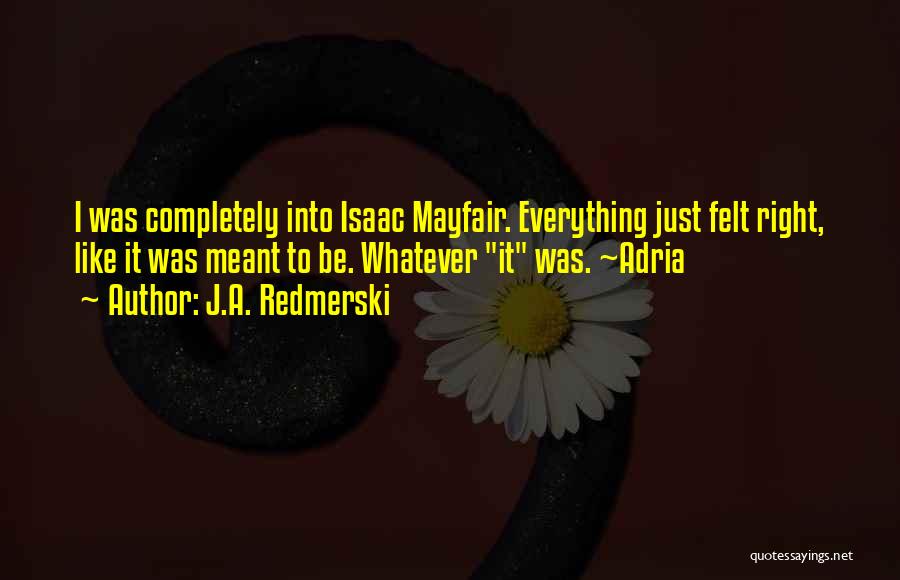 J.A. Redmerski Quotes: I Was Completely Into Isaac Mayfair. Everything Just Felt Right, Like It Was Meant To Be. Whatever It Was. ~adria