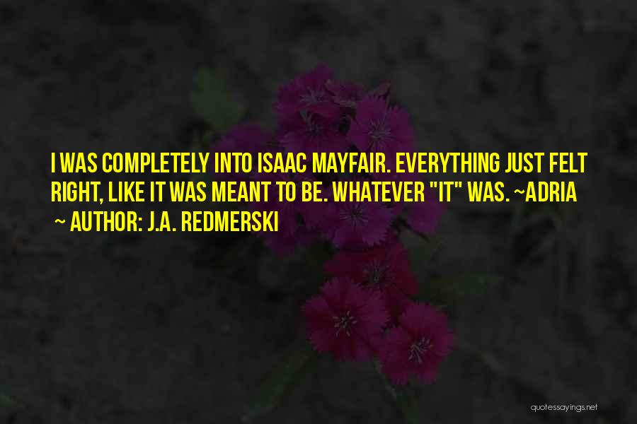 J.A. Redmerski Quotes: I Was Completely Into Isaac Mayfair. Everything Just Felt Right, Like It Was Meant To Be. Whatever It Was. ~adria