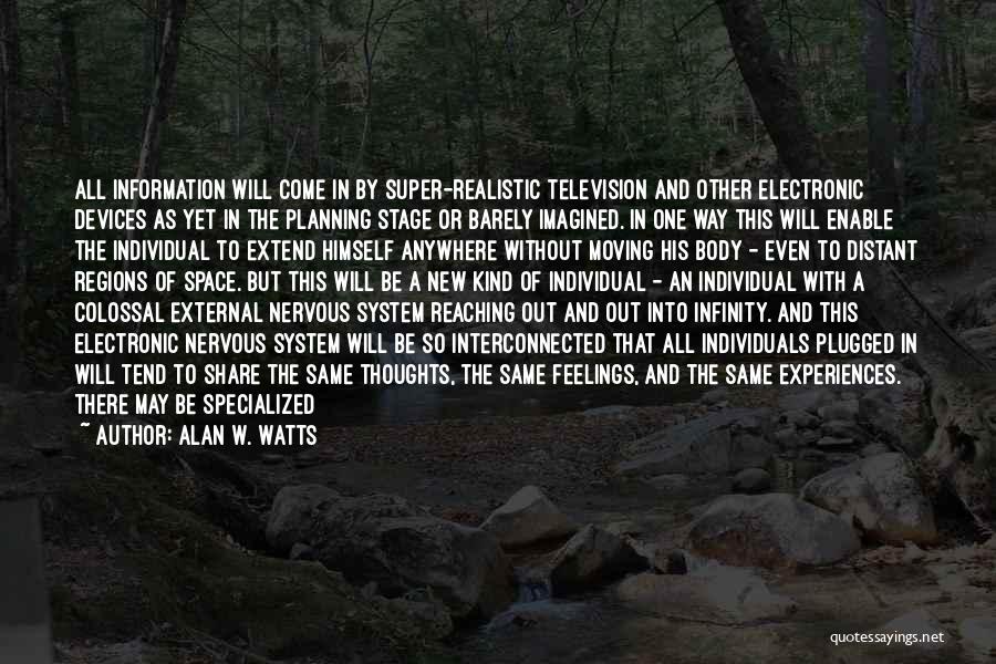 Alan W. Watts Quotes: All Information Will Come In By Super-realistic Television And Other Electronic Devices As Yet In The Planning Stage Or Barely