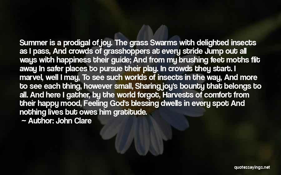 John Clare Quotes: Summer Is A Prodigal Of Joy. The Grass Swarms With Delighted Insects As I Pass, And Crowds Of Grasshoppers At