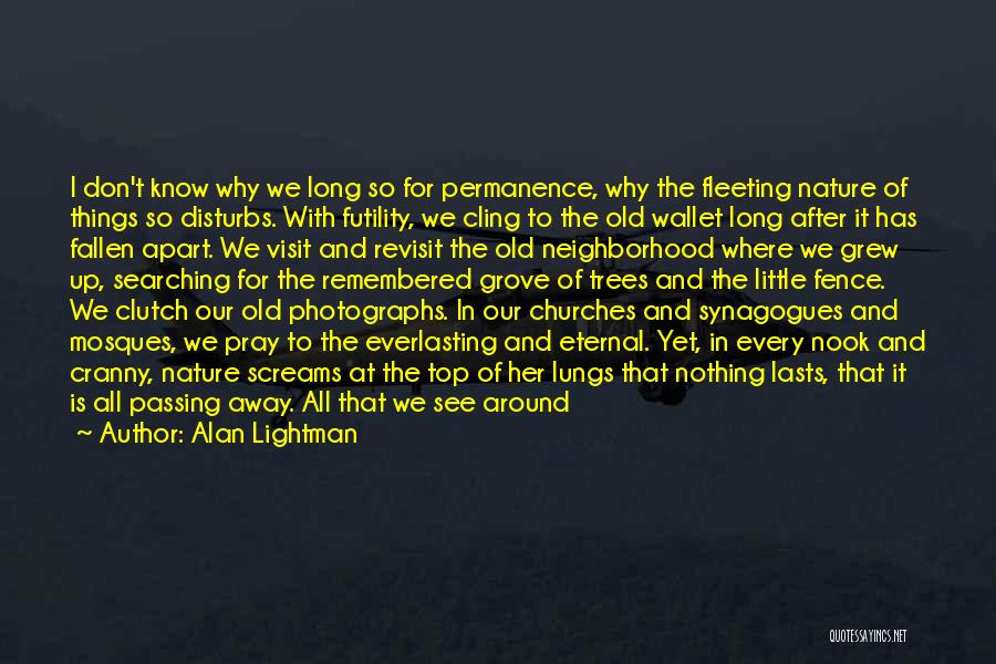 Alan Lightman Quotes: I Don't Know Why We Long So For Permanence, Why The Fleeting Nature Of Things So Disturbs. With Futility, We