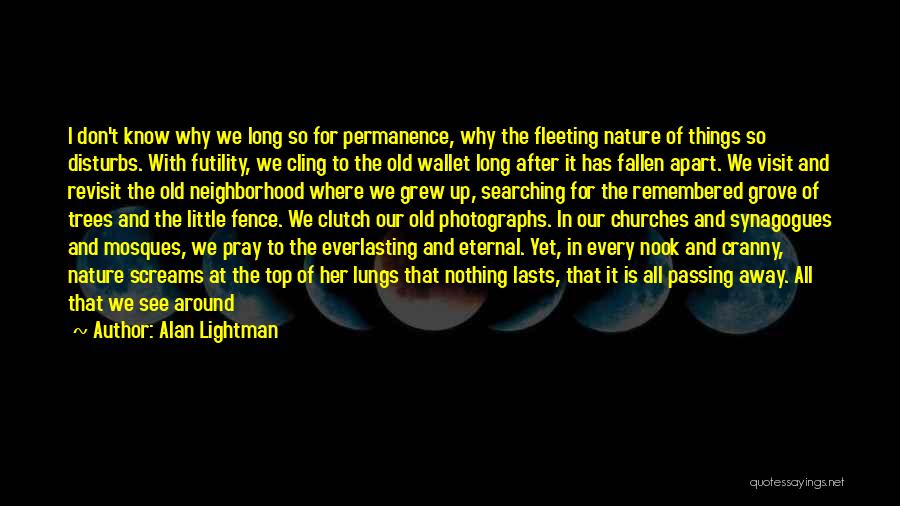 Alan Lightman Quotes: I Don't Know Why We Long So For Permanence, Why The Fleeting Nature Of Things So Disturbs. With Futility, We