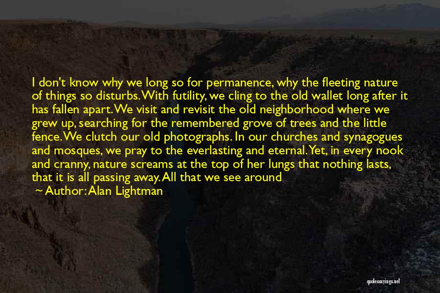 Alan Lightman Quotes: I Don't Know Why We Long So For Permanence, Why The Fleeting Nature Of Things So Disturbs. With Futility, We