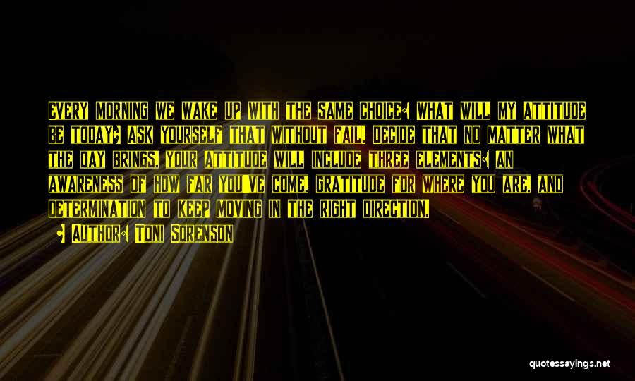 Toni Sorenson Quotes: Every Morning We Wake Up With The Same Choice: What Will My Attitude Be Today? Ask Yourself That Without Fail.