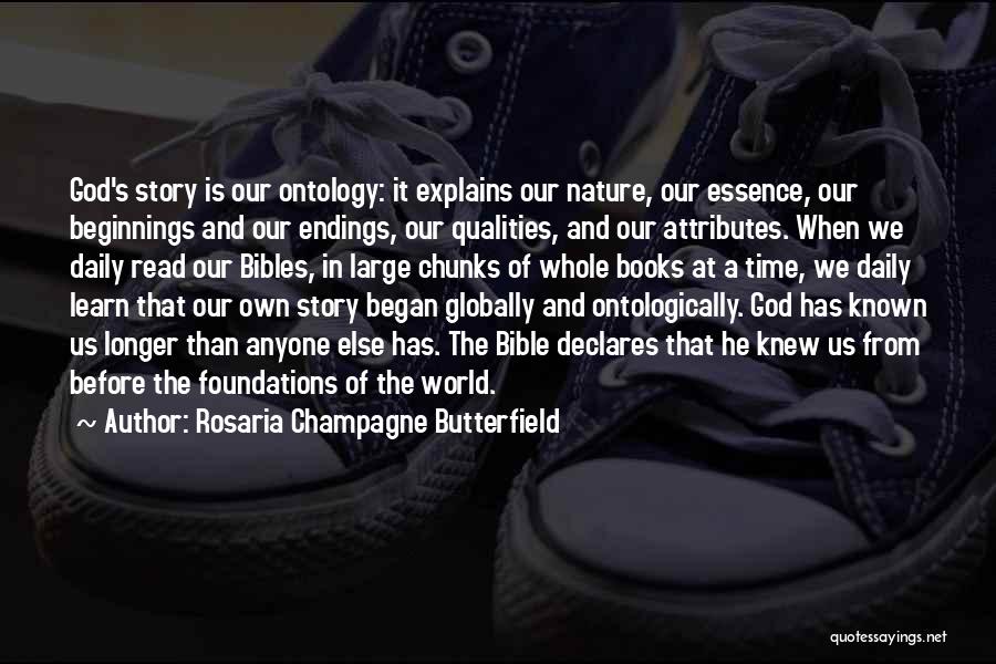 Rosaria Champagne Butterfield Quotes: God's Story Is Our Ontology: It Explains Our Nature, Our Essence, Our Beginnings And Our Endings, Our Qualities, And Our